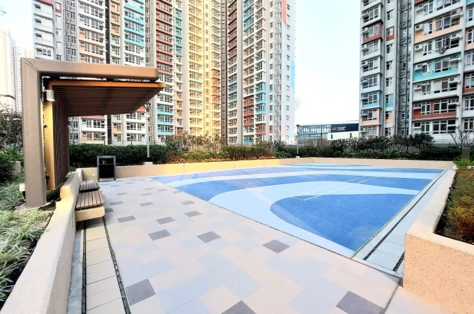 A marked badminton court at Kai Yuet Court in Hong Kong