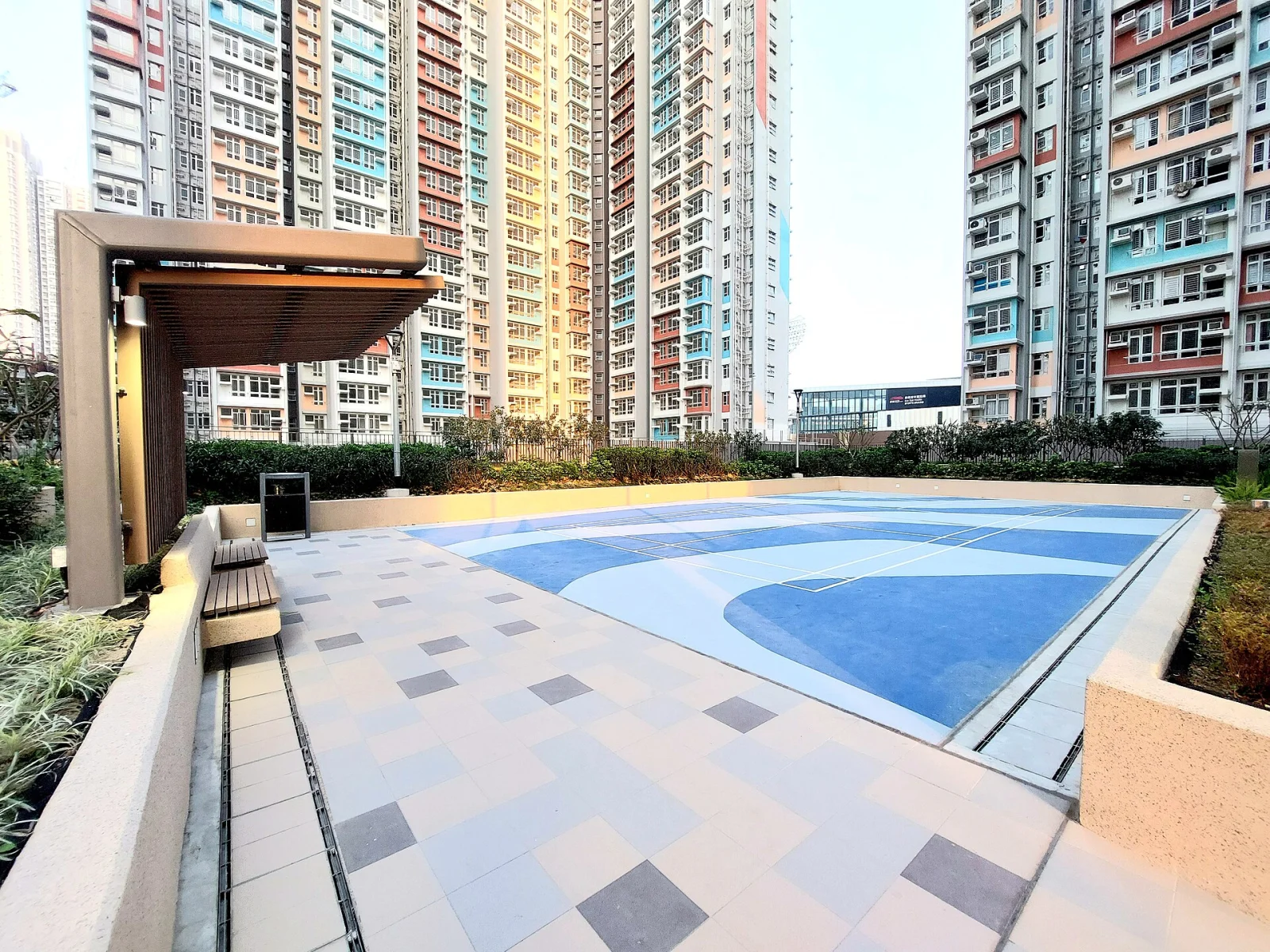 A marked badminton court at Kai Yuet Court in Hong Kong