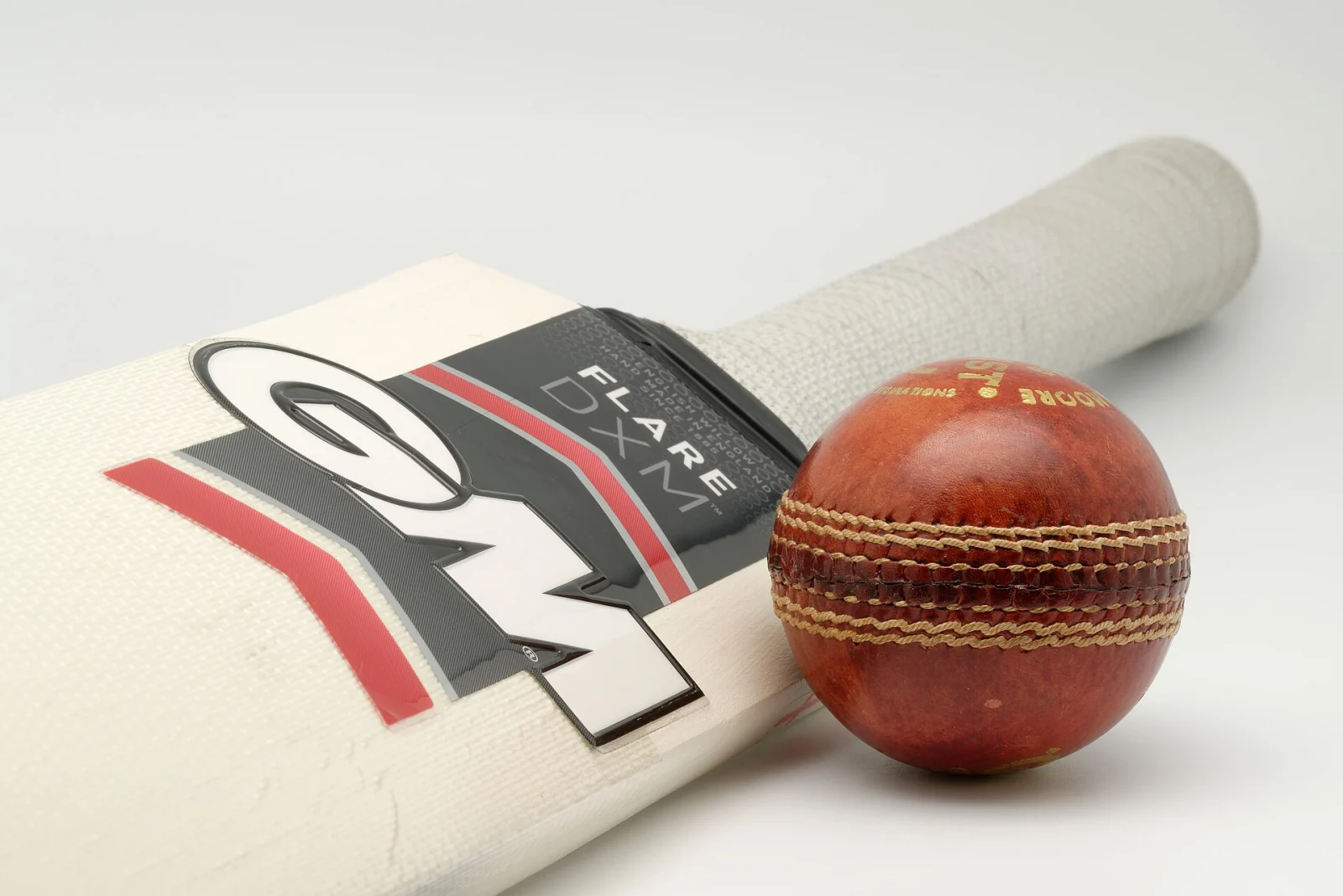 A Gunn and Moore cricket bat and a red cricket ball