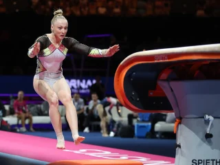 A gymnast at the women’s vault apparatus final in Munich in 2022