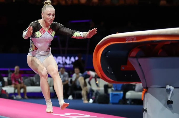 A gymnast at the women’s vault apparatus final in Munich in 2022