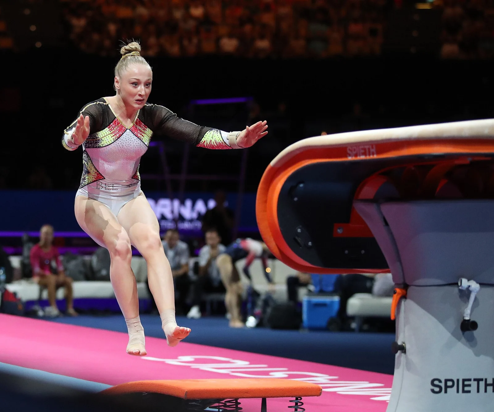 A gymnast at the women’s vault apparatus final in Munich in 2022