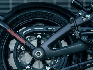 A parked black Harley-Davidson motorcycle