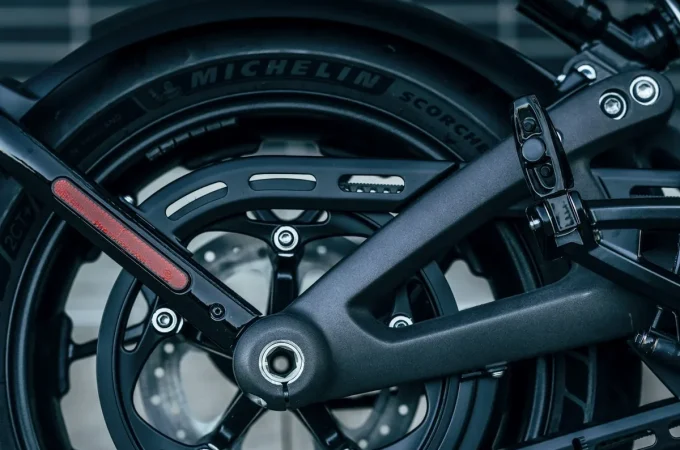 A parked black Harley-Davidson motorcycle