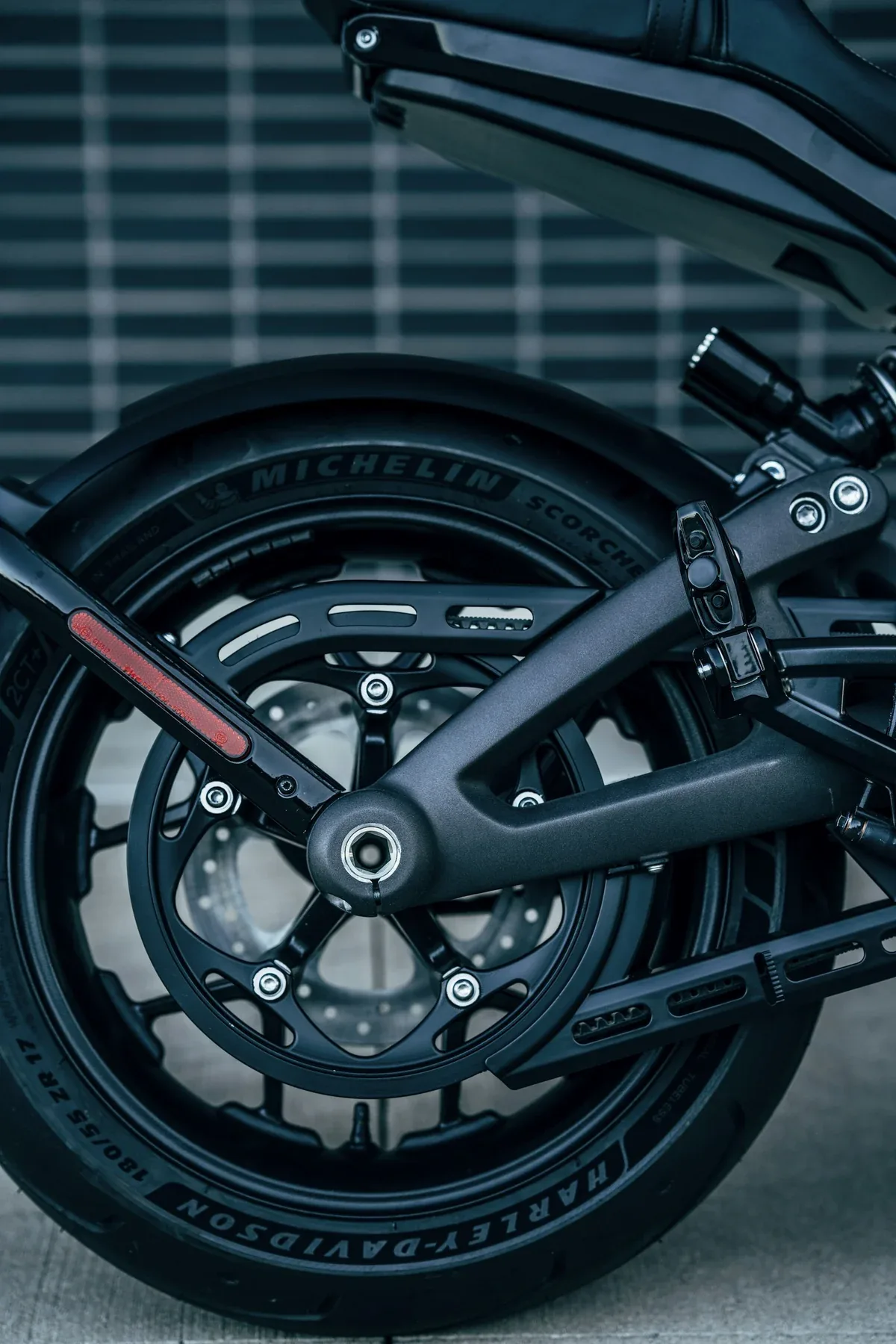 A parked black Harley-Davidson motorcycle