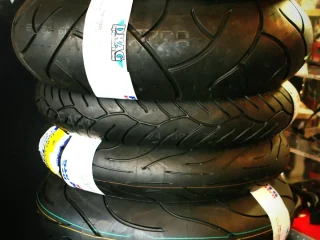 A stack of motorcycle tyres