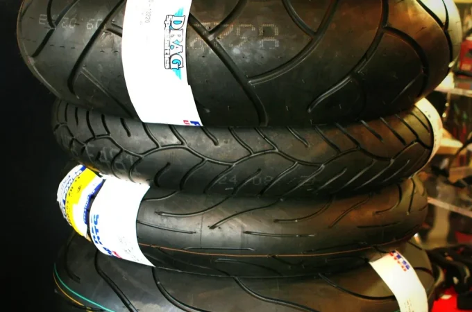 A stack of motorcycle tyres