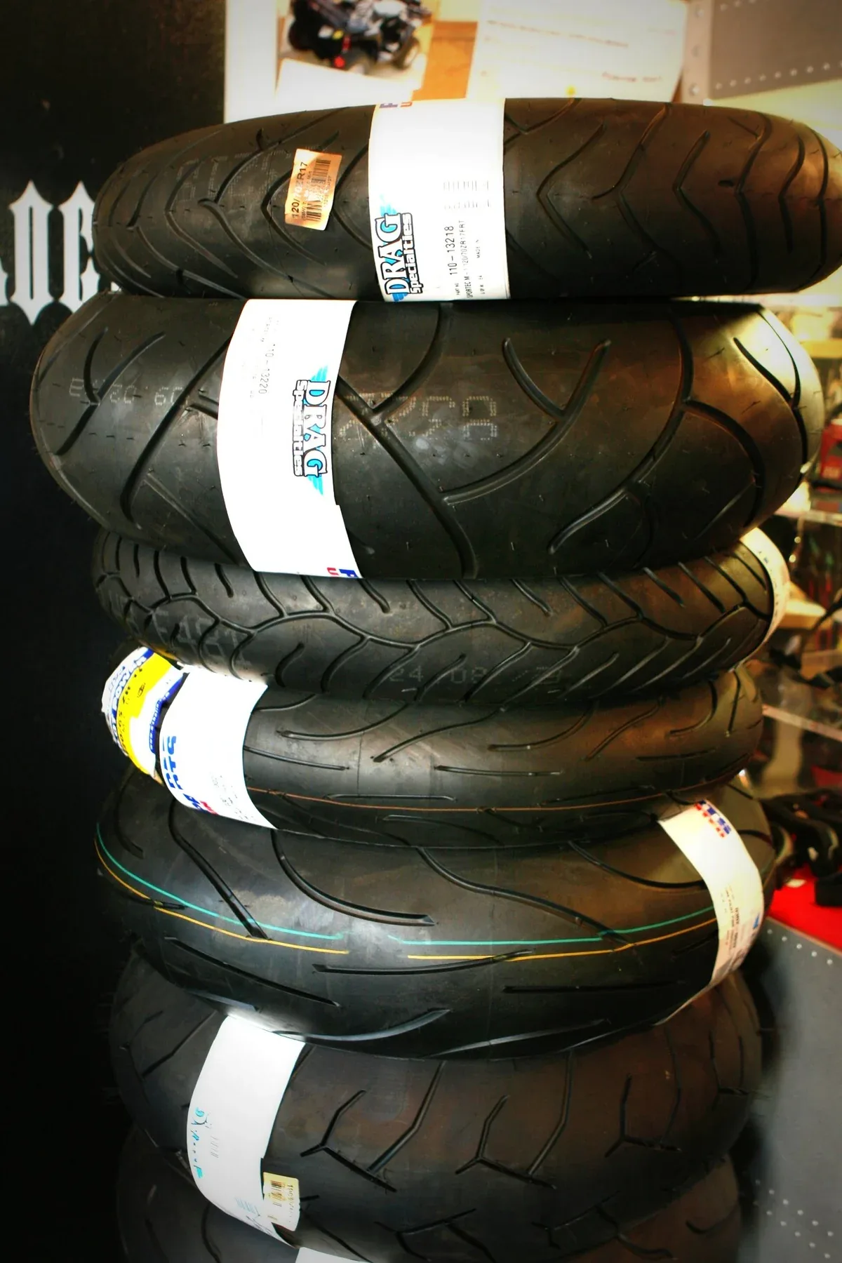 A stack of motorcycle tyres
