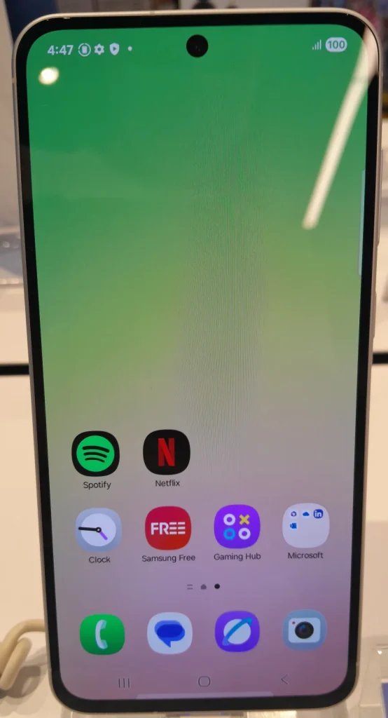 Samsung Galaxy A56 5G front display on a retail stand